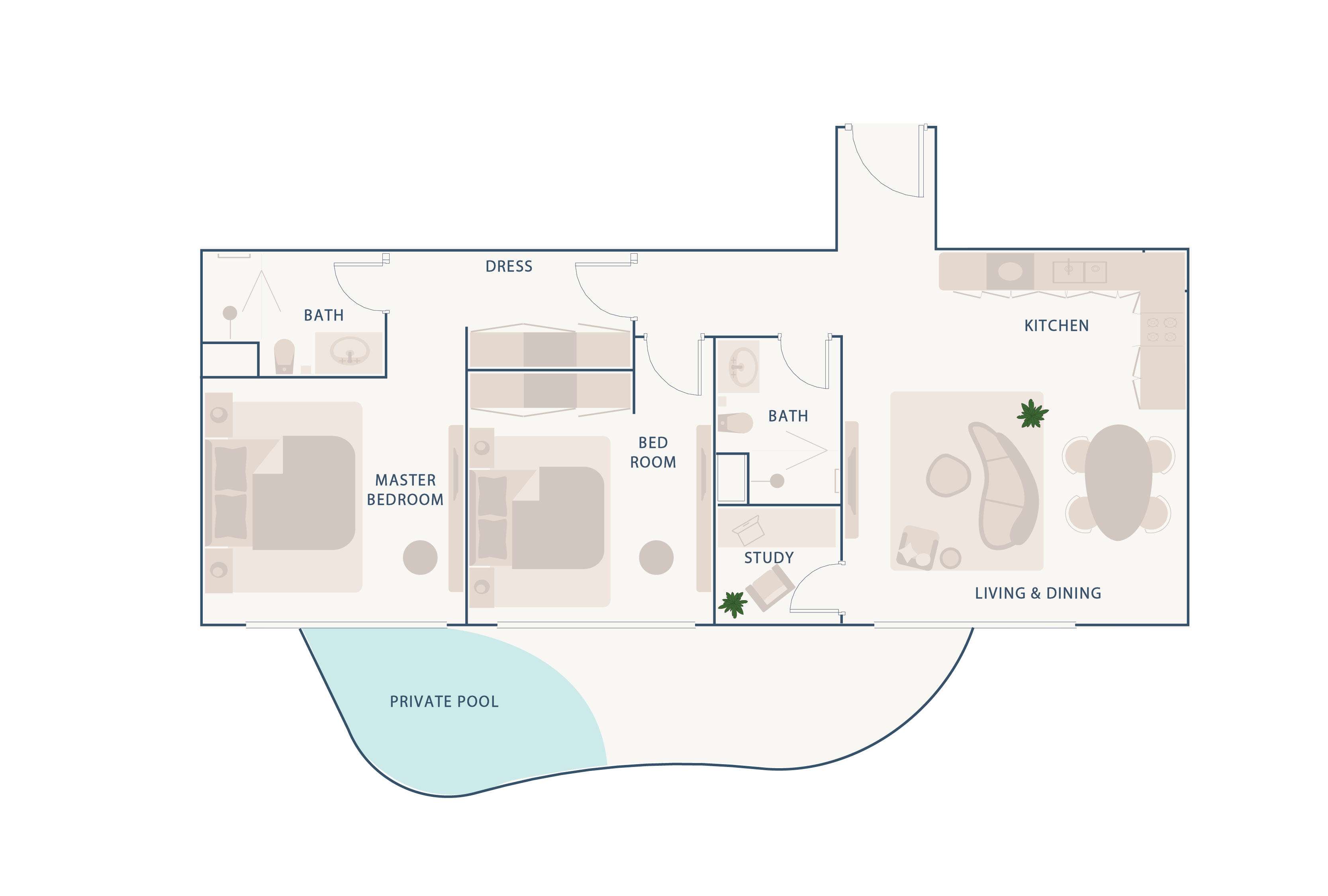 Beach Walk Residence A floor plan showing the layout of a house, including rooms like bedrooms, kitchen, study, and a private pool.